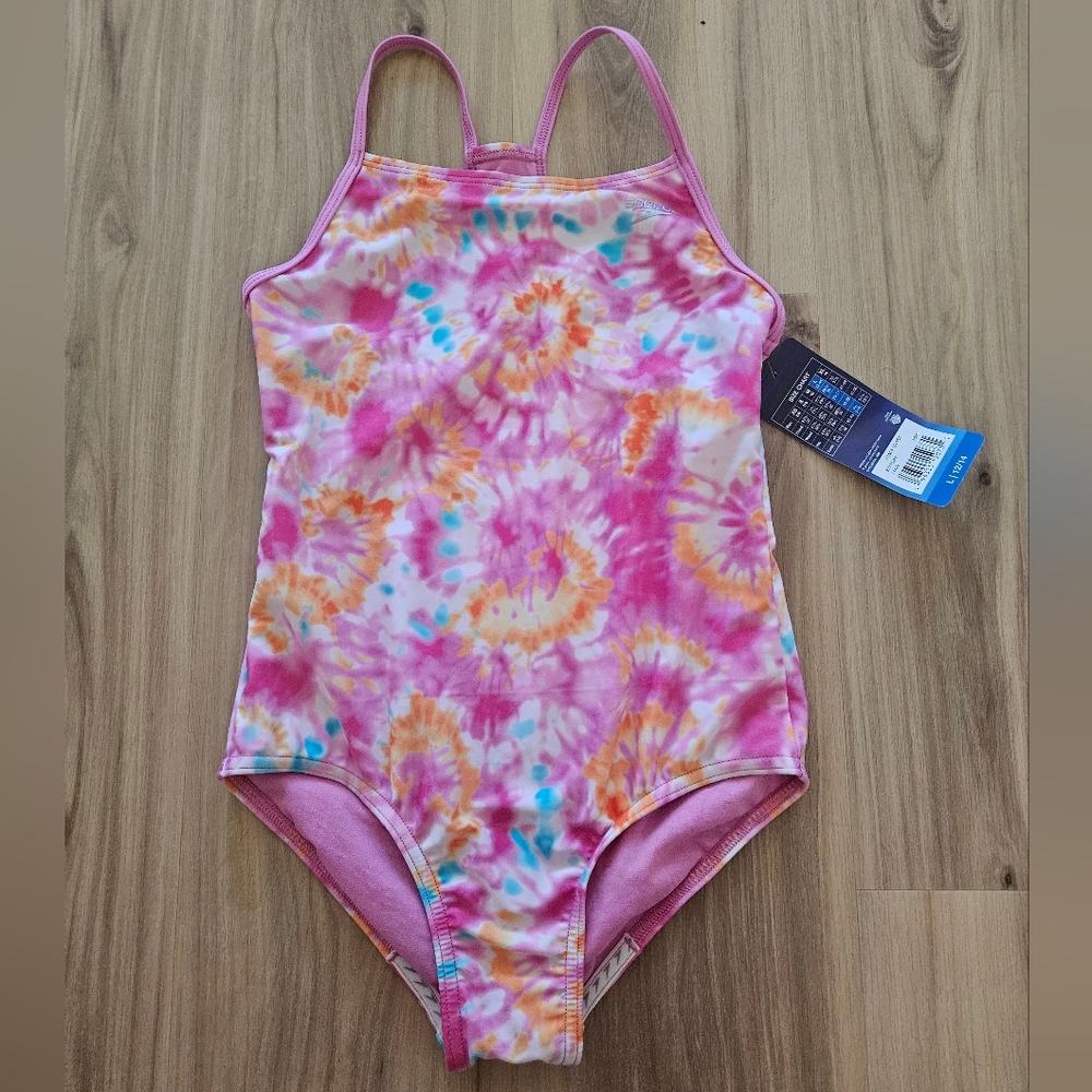 Speedo Youth Girls L (12/14) Racerback Alpha One Piece UPF Swimsuit Pink Tie Dye